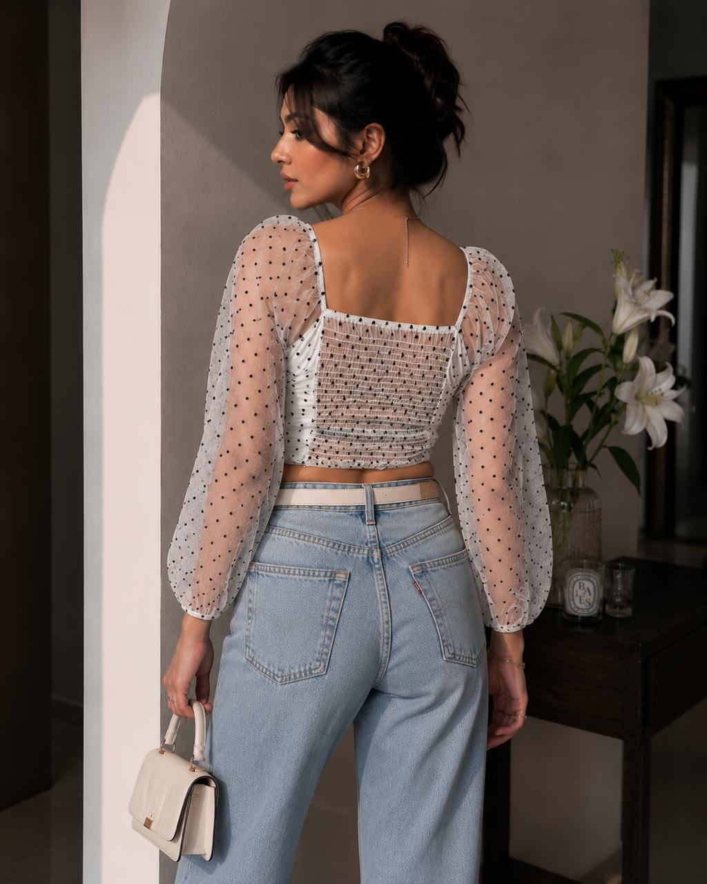 Ruched Polka Square Neck Top