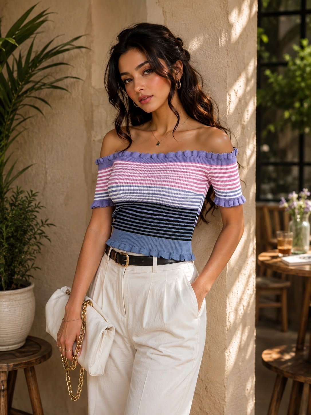 Ruffle Striped Off Shoulder Crop Top - Made For Her Label