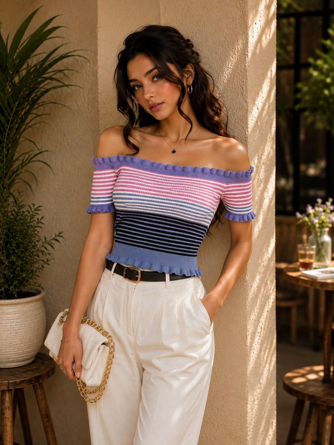 Ruffle Striped Off Shoulder Crop Top - Made For Her Label