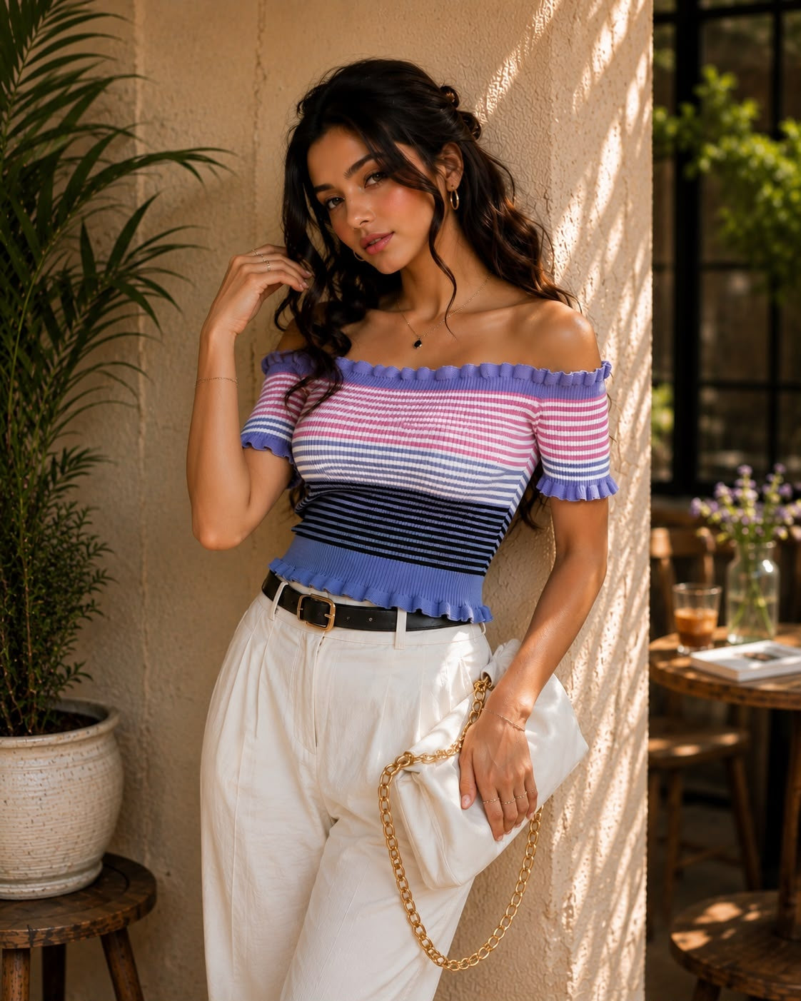 Ruffle Striped Off Shoulder Crop Top - Made For Her Label