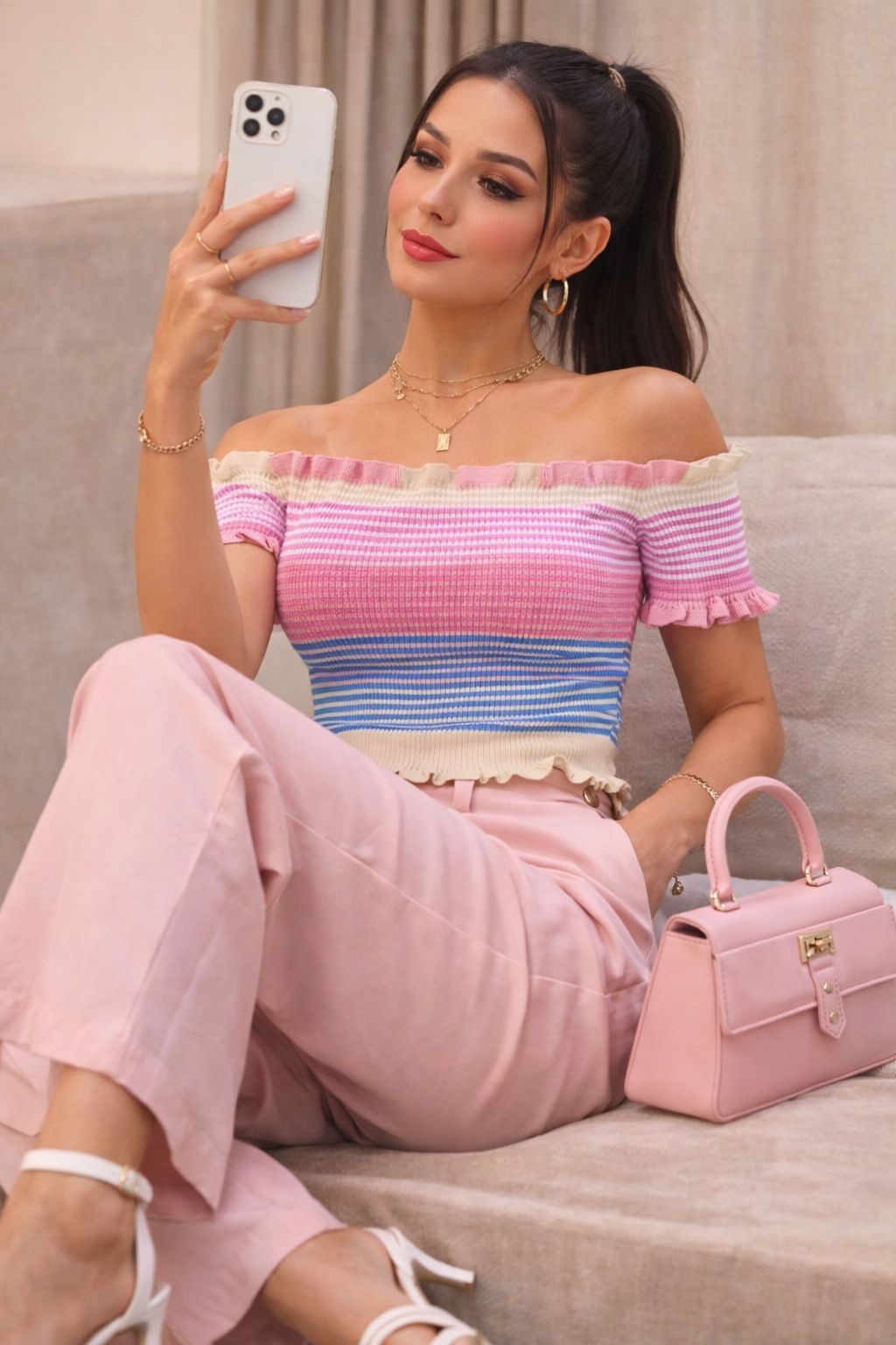 Ruffle Striped Off Shoulder Crop Top - Made For Her Label