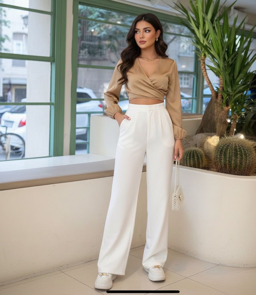 Dorota Satin Top With High Waisted White Pants Set