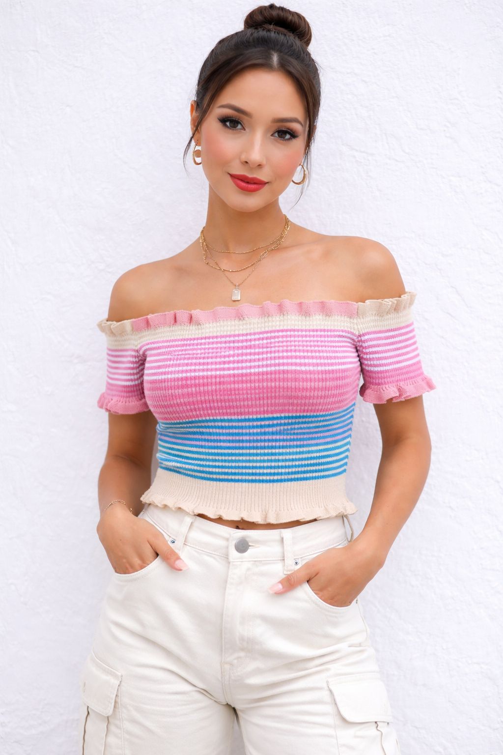 Ruffle Striped Off Shoulder Crop Top - Made For Her Label