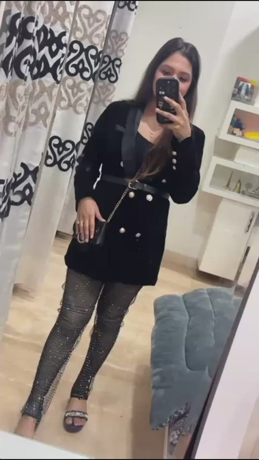 Alisha in Our Fishnet Slit Rhinestone Pants