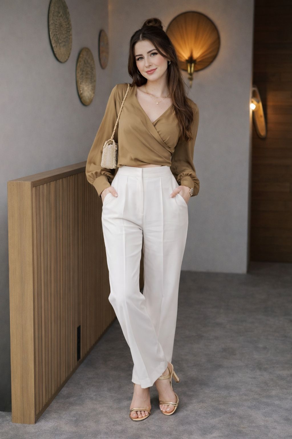 Dorota Satin Top With High Waisted White Pants Set