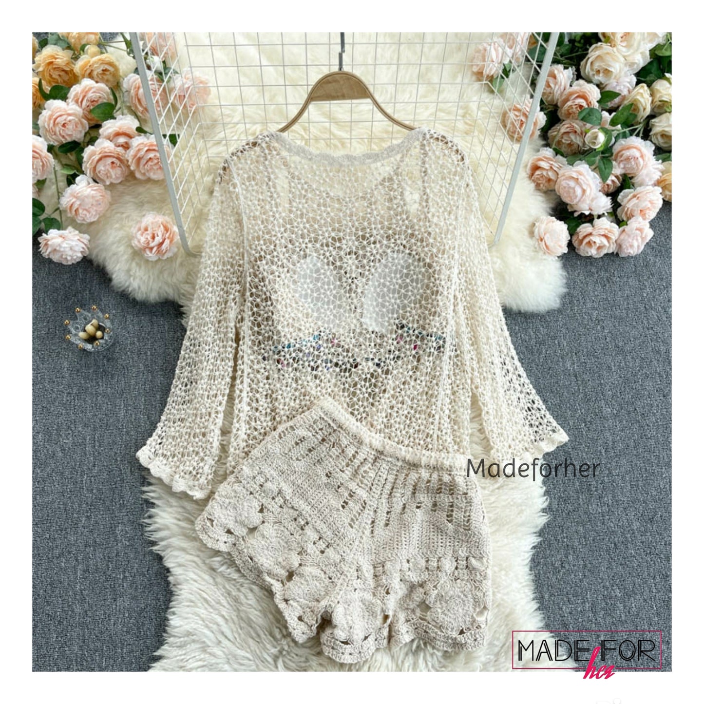 Austin Crochet Blouse With Shorts And Cape Set