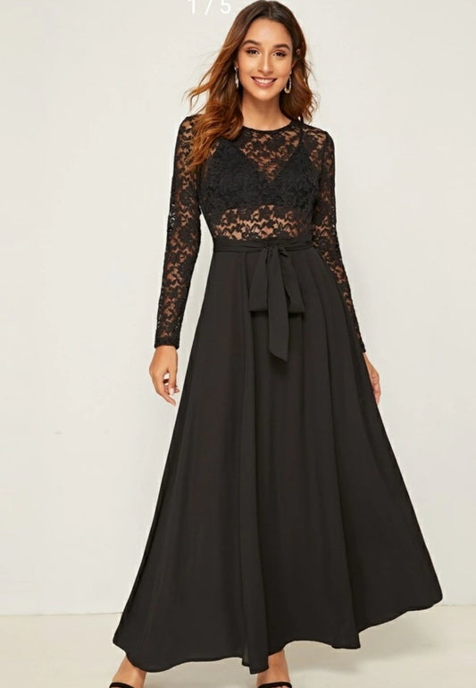 Sheer Lace Bodice Self Belted Flared One Piece Dress