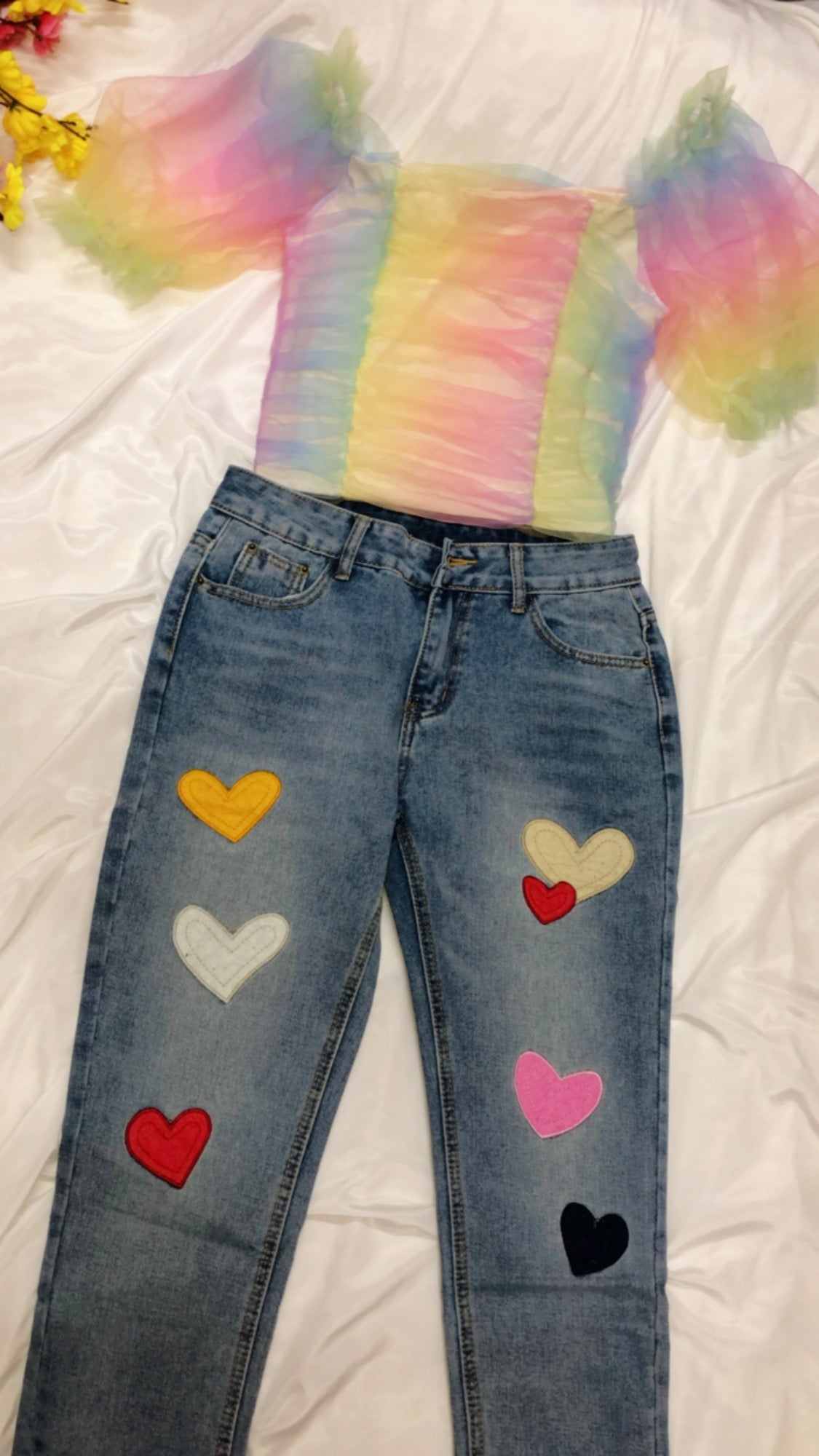 Bella Rainbow Top with Heart Denim Set