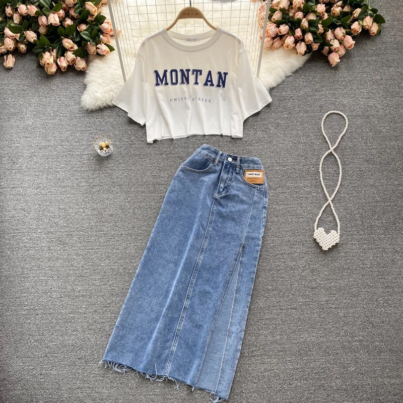 Montan Tee With Slit Denim Skirt Set