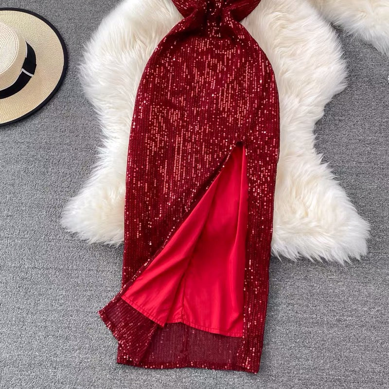 Maria Sequin Shiny Slit Dress