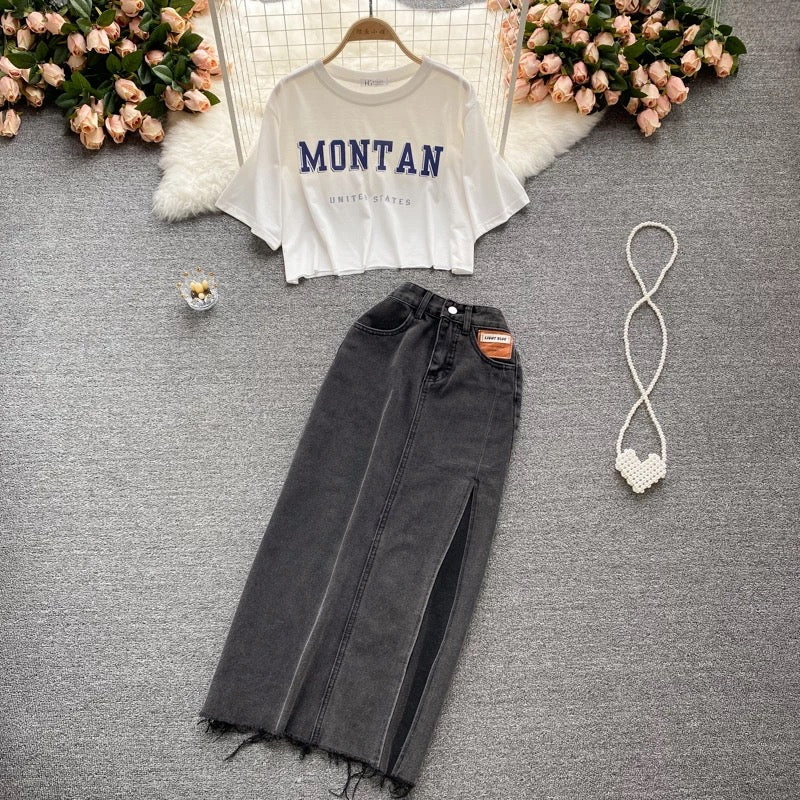 Montan Tee With Slit Denim Skirt Set