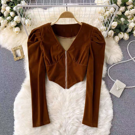 V Neck Zipper Puffed Sleeve Top