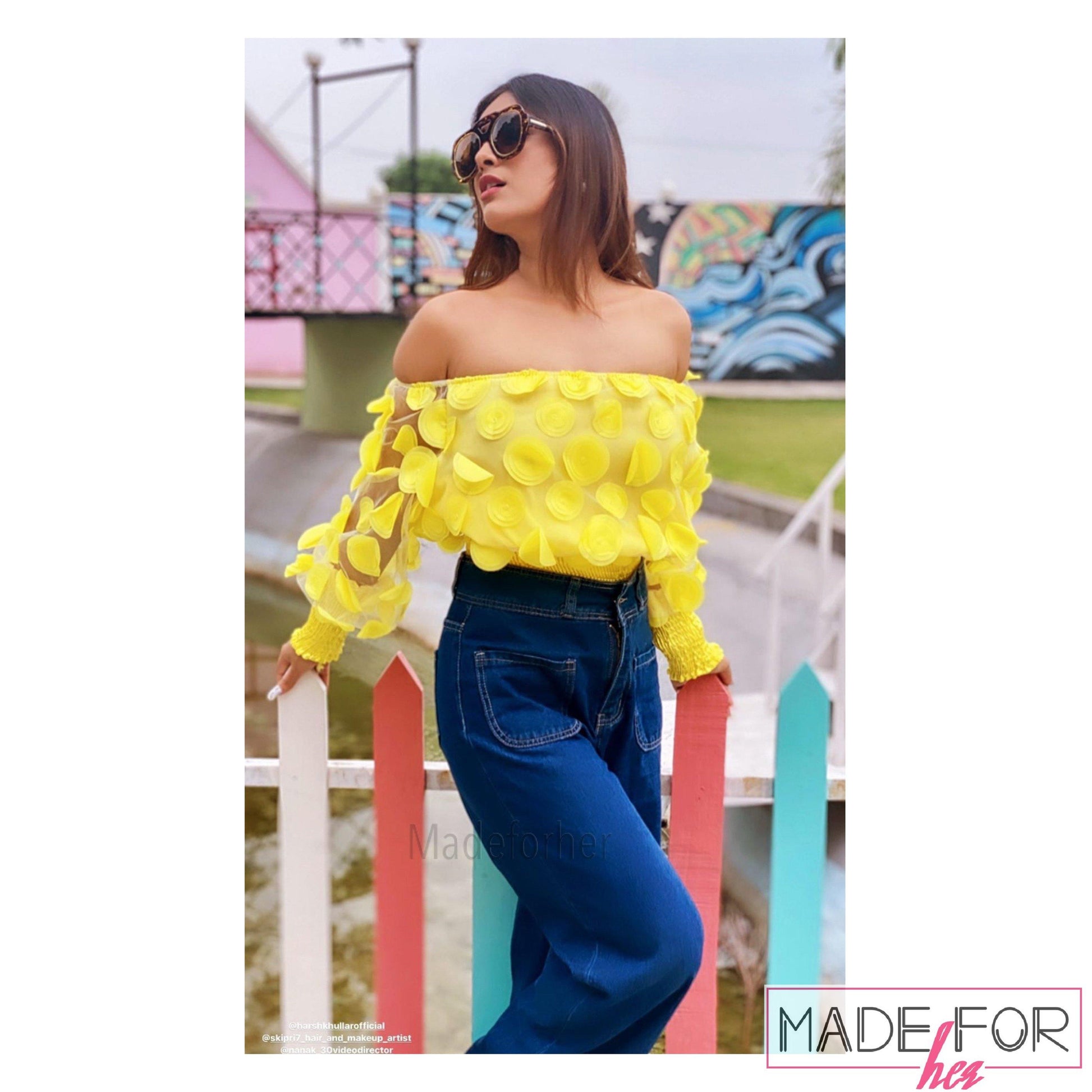 Neha Malik In Our Lantern Sleeve Mesh Ruched Blouse - Made For Her Label