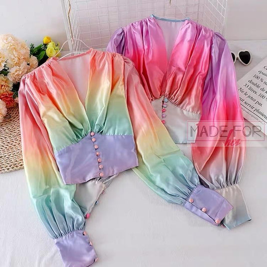 V Neck Colourful Gradient Lantern Sleeve Blouse - Made For Her Label