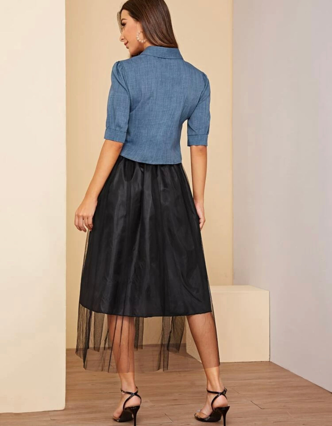 Contrast Mesh Slip Dress With Tie Front Shirt – Made For Her Label