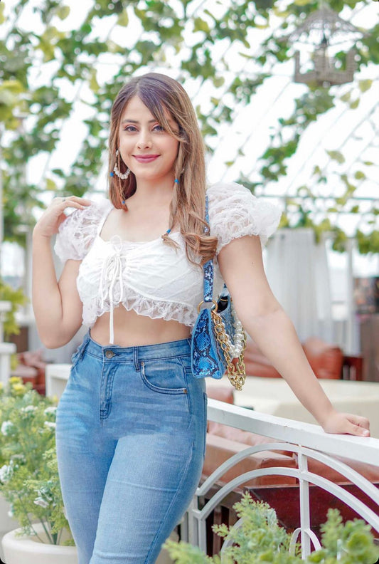 Mehak Sethi In Our White Puff Sleeve Crop Top