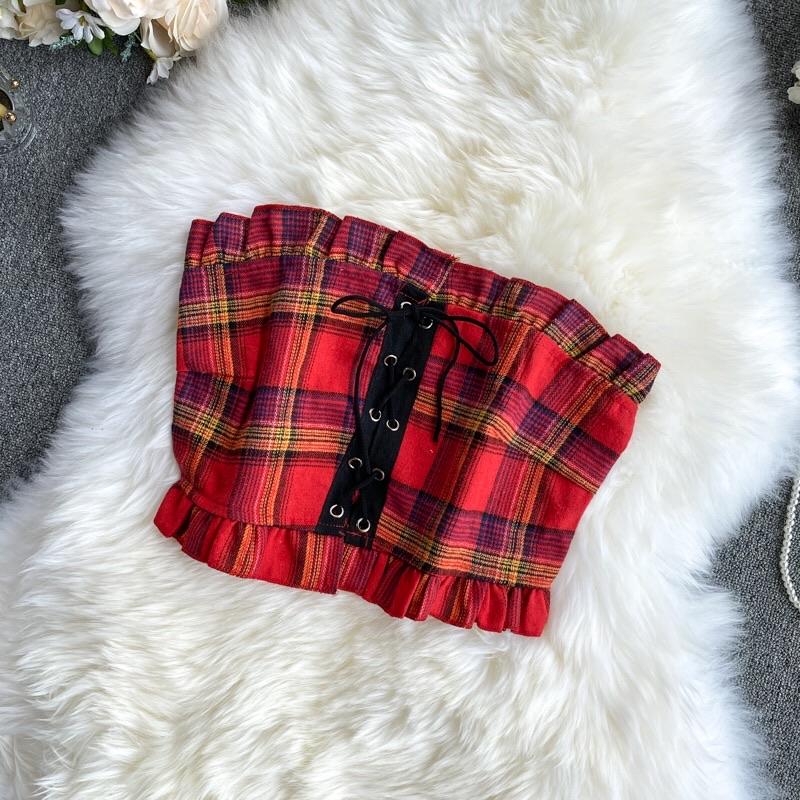 Plaid Lace Up Crop Top - Made For Her Label