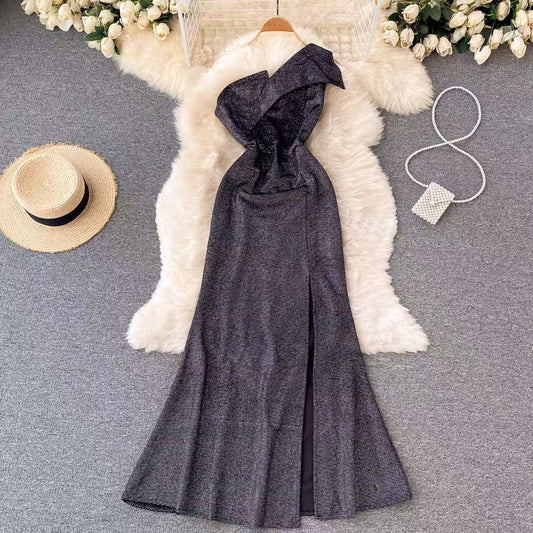 Roxy One Shoulder Slit Shimmery Dress