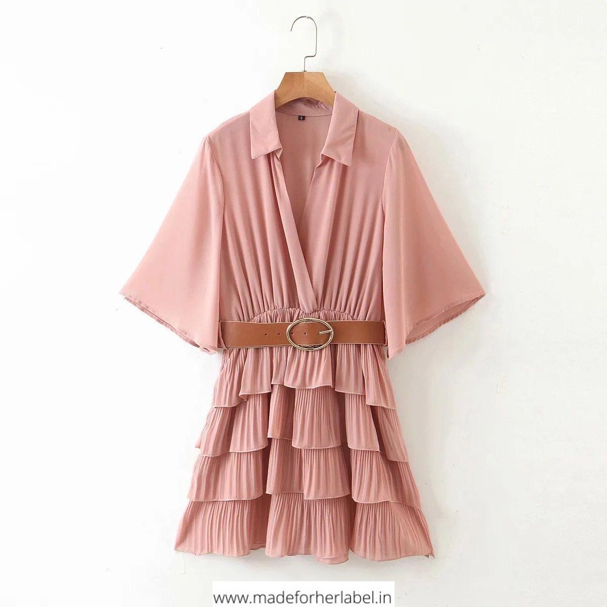 V Neck Ruffle Pleated Dress - Made For Her Label