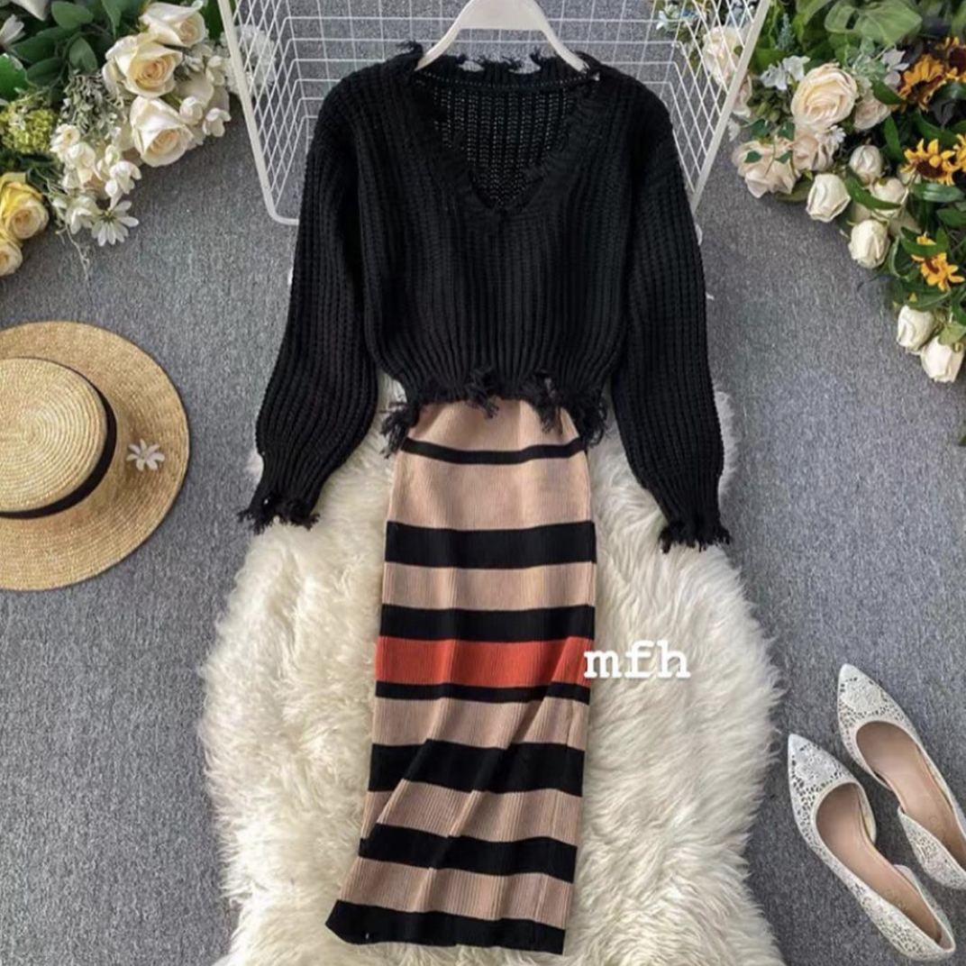 Alisha In Our Emma Striped Dress With Sweater