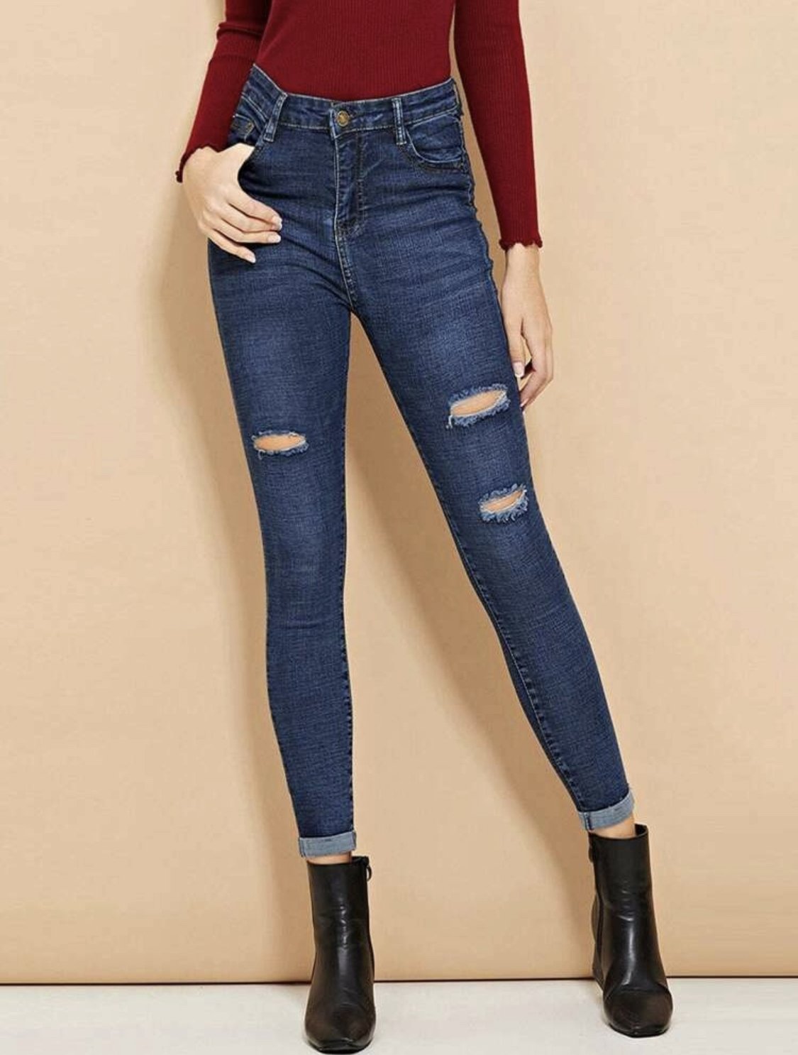 Ripped Roll-Up Skinny Jeans