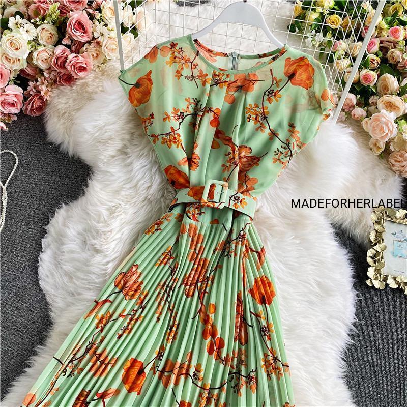 Ramona Floral Pleated Belted Dress