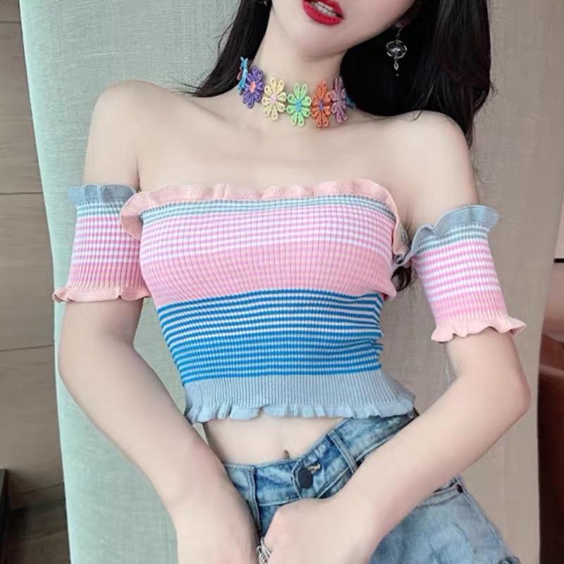 Ruffle Striped Off Shoulder Crop Top - Made For Her Label