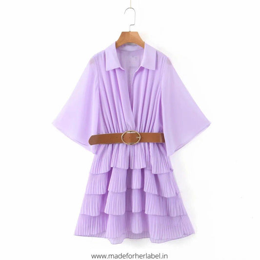 V Neck Ruffle Pleated Dress - Made For Her Label