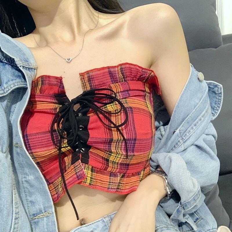 Plaid Lace Up Crop Top - Made For Her Label