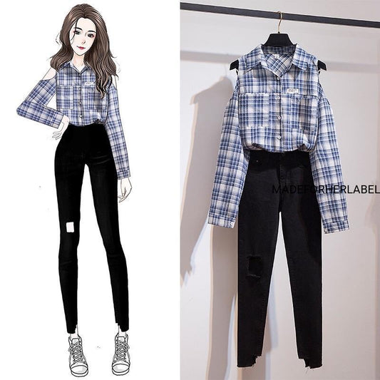 Cold Shoulder Checkered Shirt With Pants Set