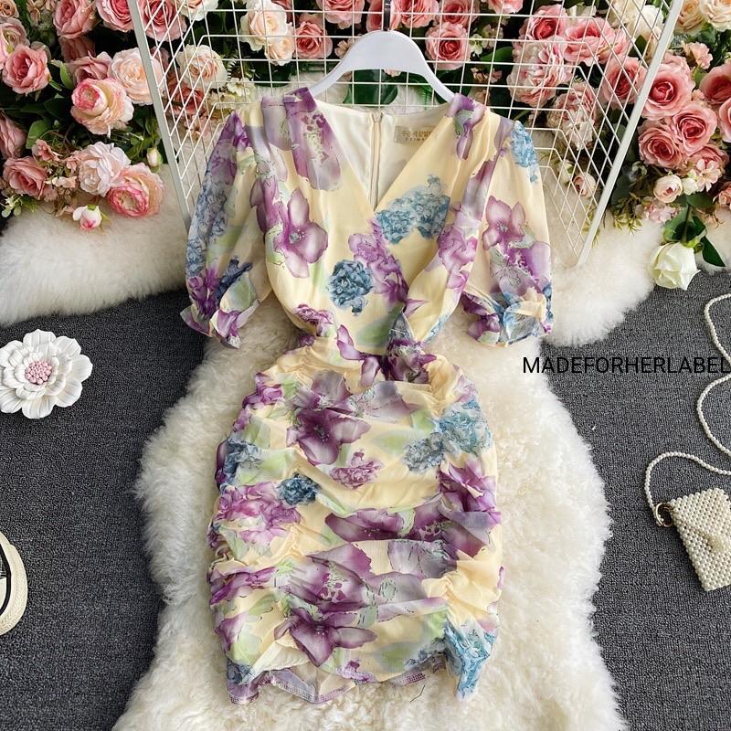 V Neck Floral Bodycon Mini Dress