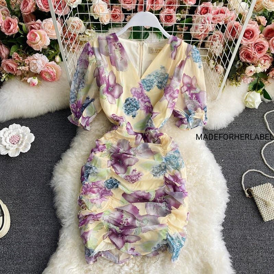 V Neck Floral Bodycon Mini Dress