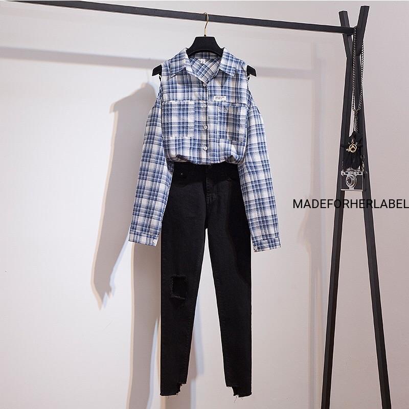 Cold Shoulder Checkered Shirt With Pants Set