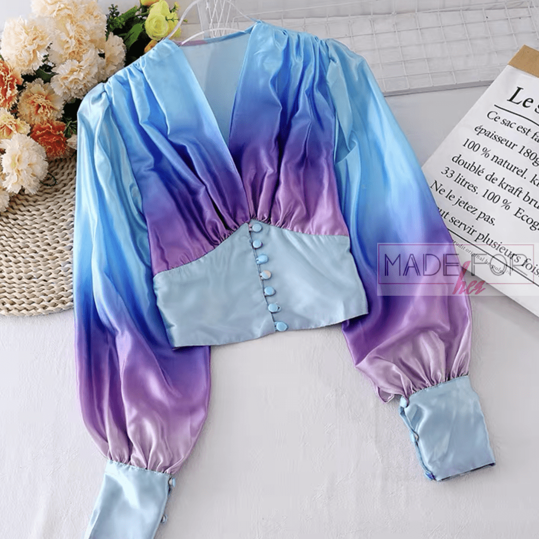 V Neck Colourful Gradient Lantern Sleeve Blouse - Made For Her Label