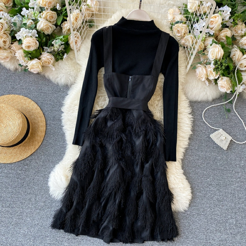 Fur Belted Dress With Knitted Top