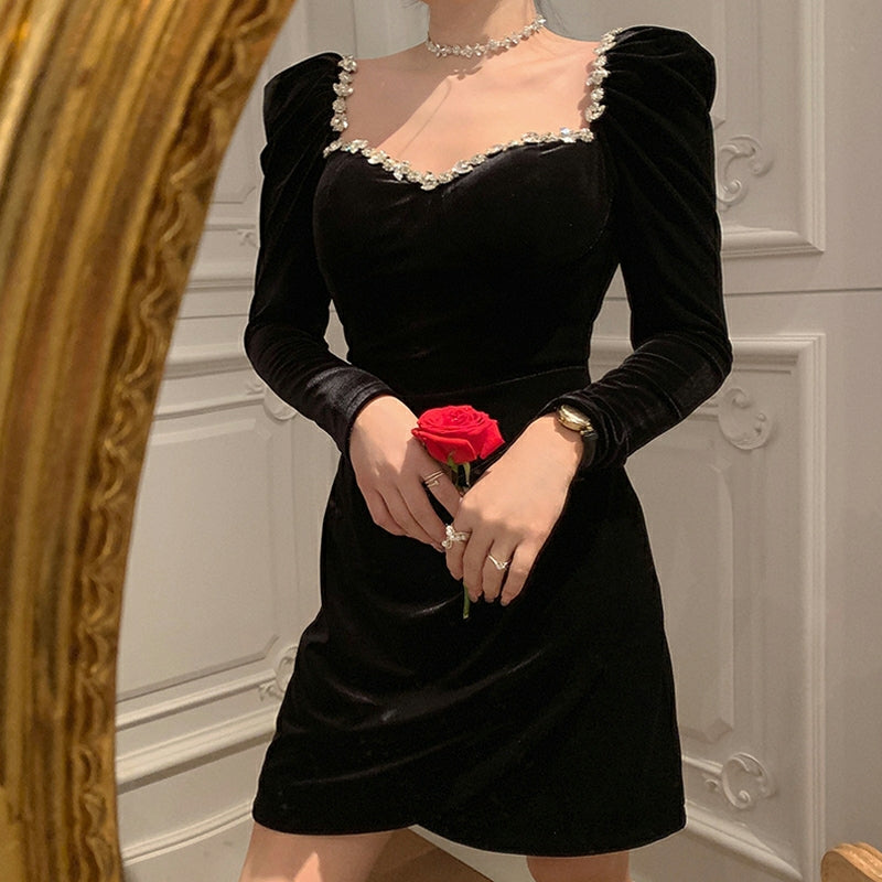 Stella Rhinestone Neck Velvet Dress